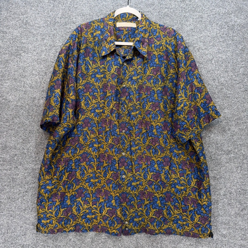 Fenn Wright & Manson Shirt Mens XL Blue Silk Floral Leaf Print Button Up Casual